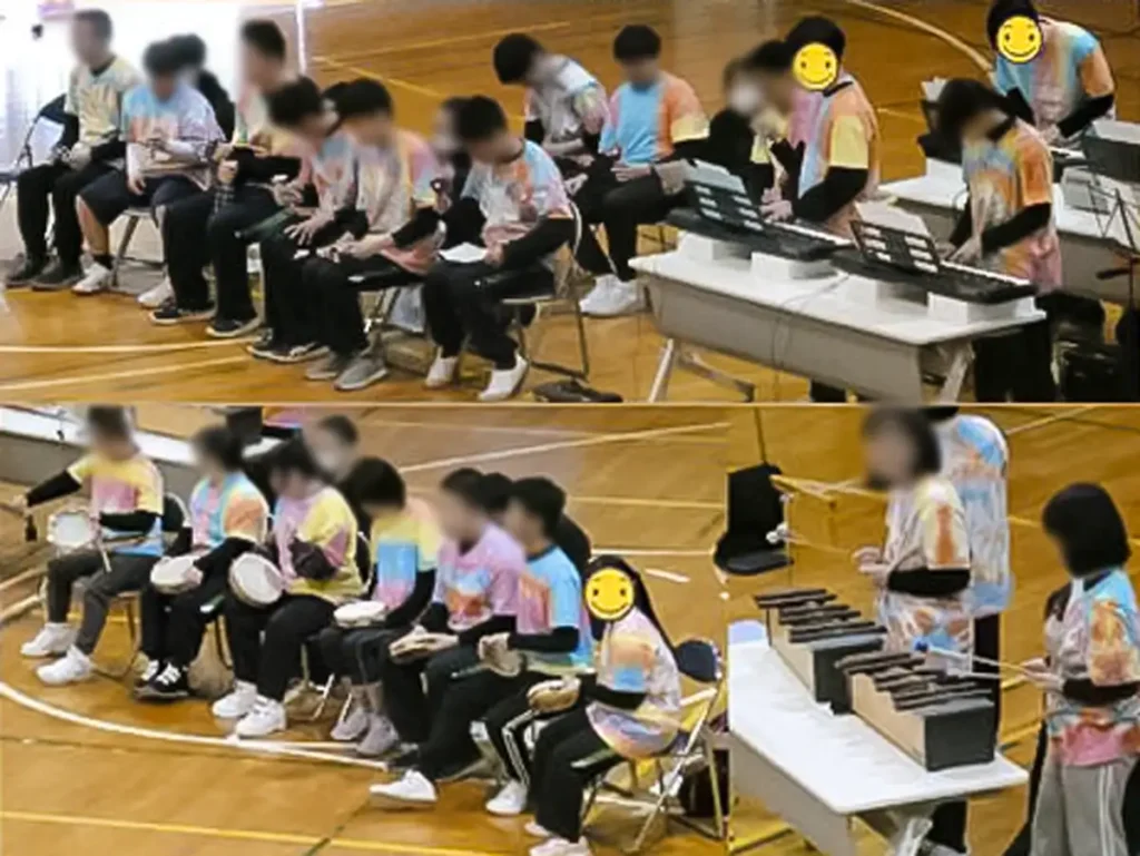 3年生を送る会で手作りのTシャツをきて合奏をする生徒の皆さん